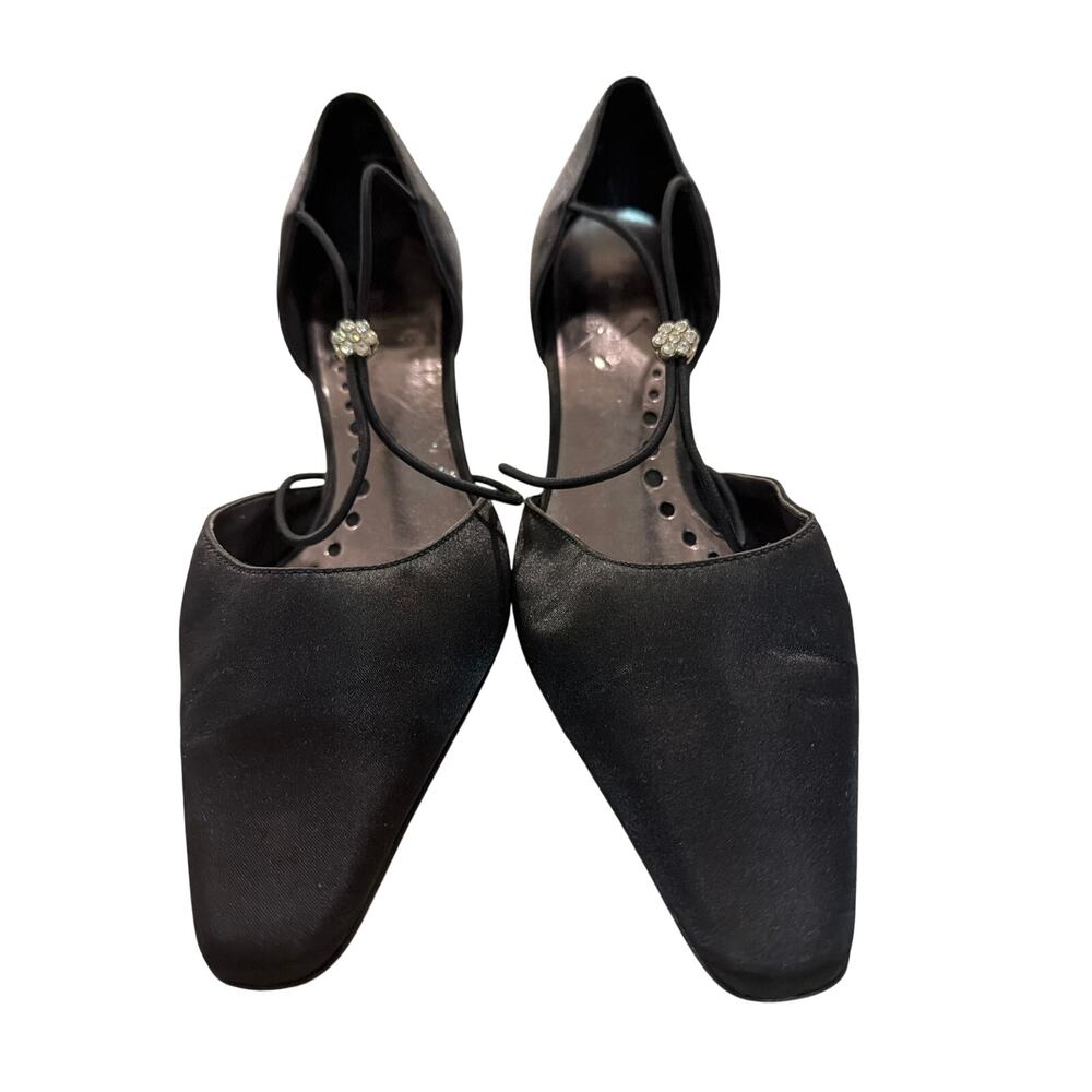 Black Satin Kitten Heels by Liz Claiborne. Adjustable Sling Straps.